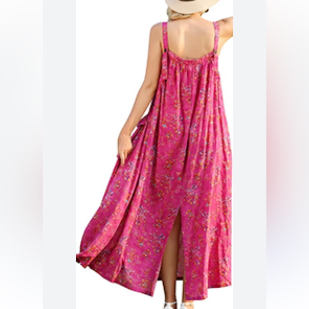Bright Pink Floral Loose Dress with Front Pockets. Button‎ Back Straps. Size M